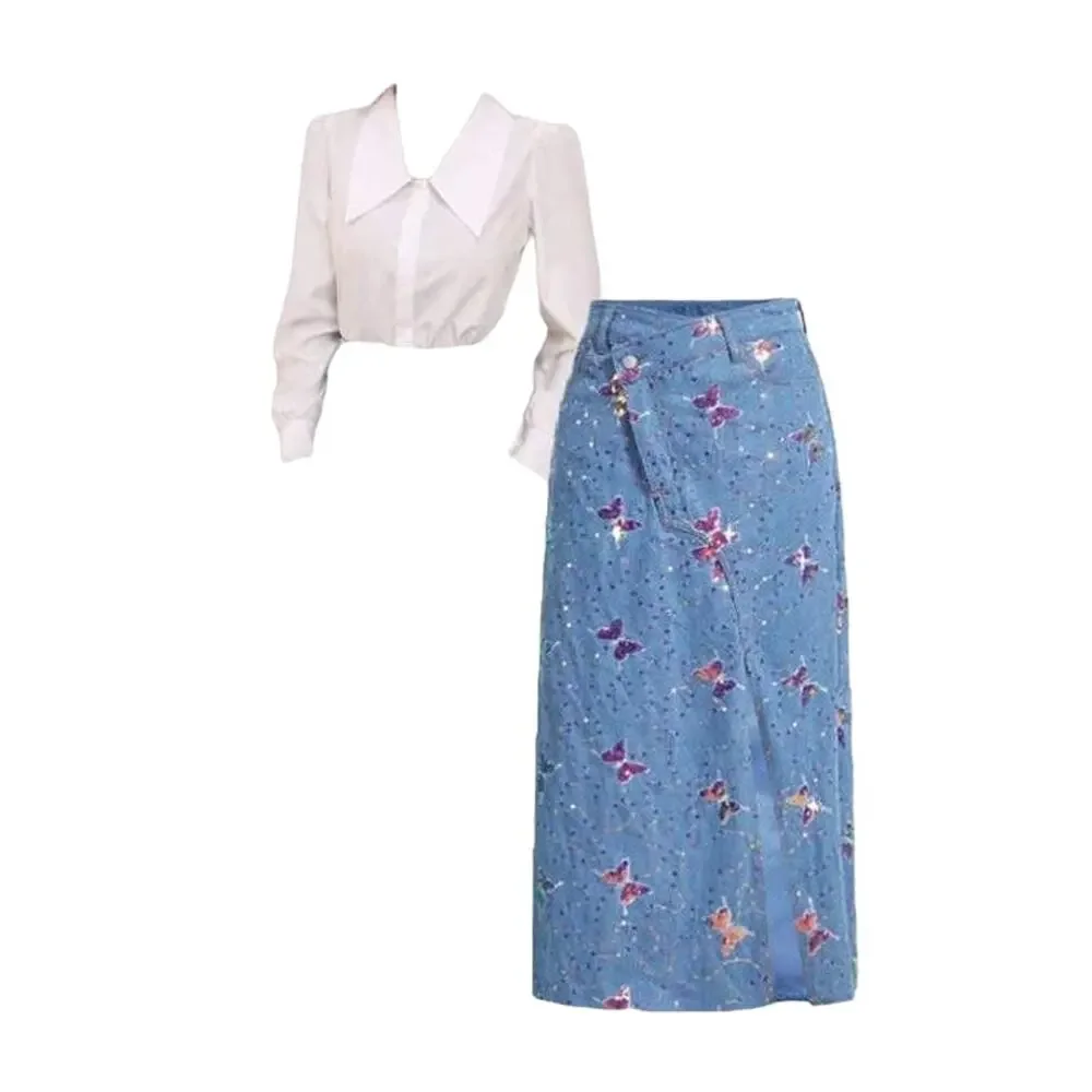 SHEIN MOD Butterfly Sequin Split Thigh Denim Skirt - Size 28-Y2K